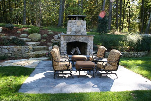 Fireplace with Square Opening, Granite, Retaining Wall and Natural Stone Steps by New View