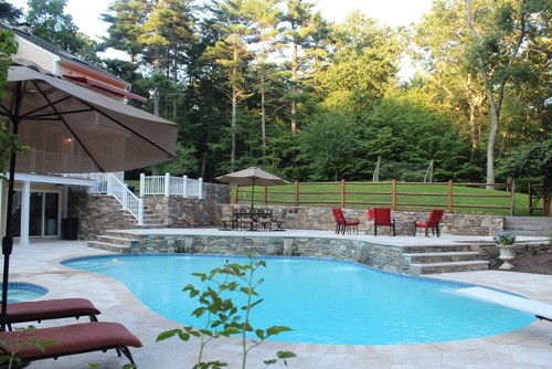 Elevated Patio, Pool and Spa with Travertine Patio and Stone Steps from Upper Deck