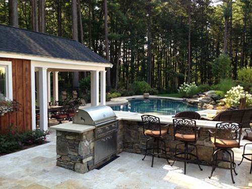 L Shaped Stone Bar with Built in Grill, Pool, Patio and Landscape by New View
