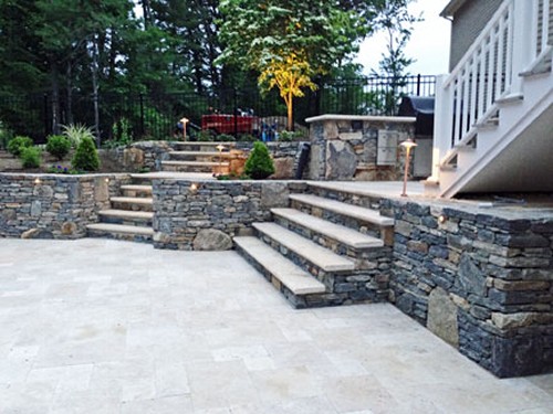Multi-Level Travertine Patio with Retaining Walls and Steps by New View