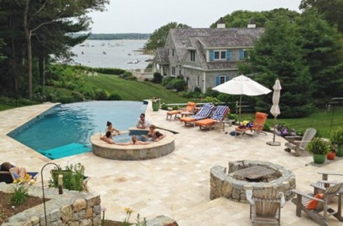 Fire Pit with Pool, Spa and Travertine Patio by New View