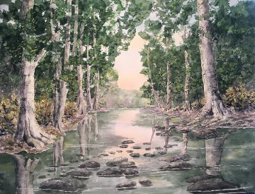 Tree Lined Brook, Watercolor by Doug DeWolfe
