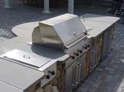 Stone Bar with Built in Grill, Side Burner and Curved Blue Stone Top