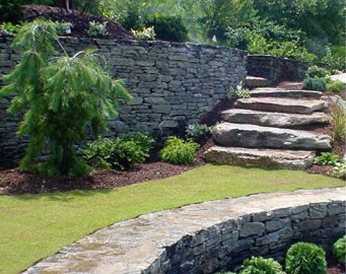 Stone Retaining Walls with Natural Stone Steps and Landscape by New View